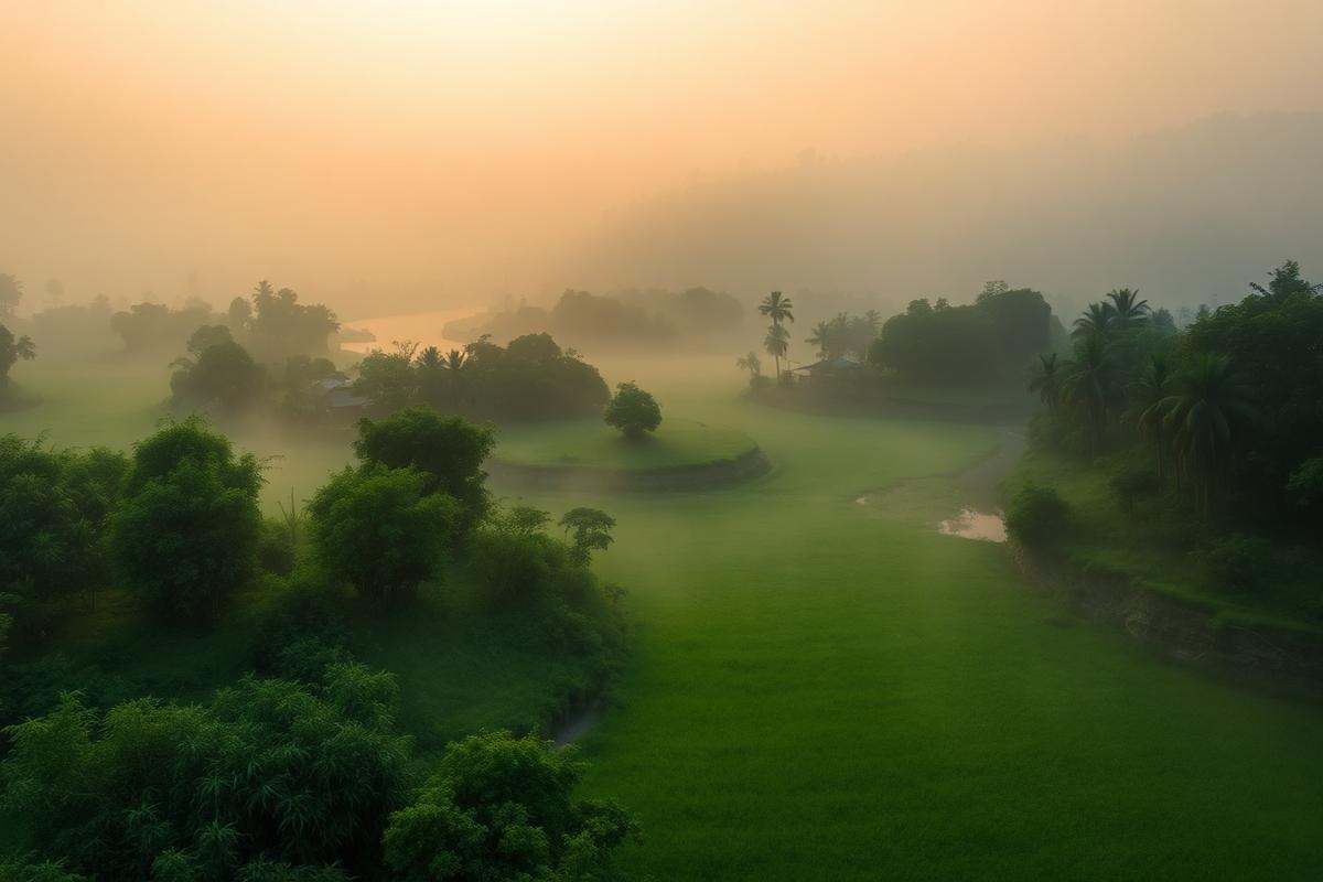 Misty riverine landscape near Mayong in Assam at sunrise