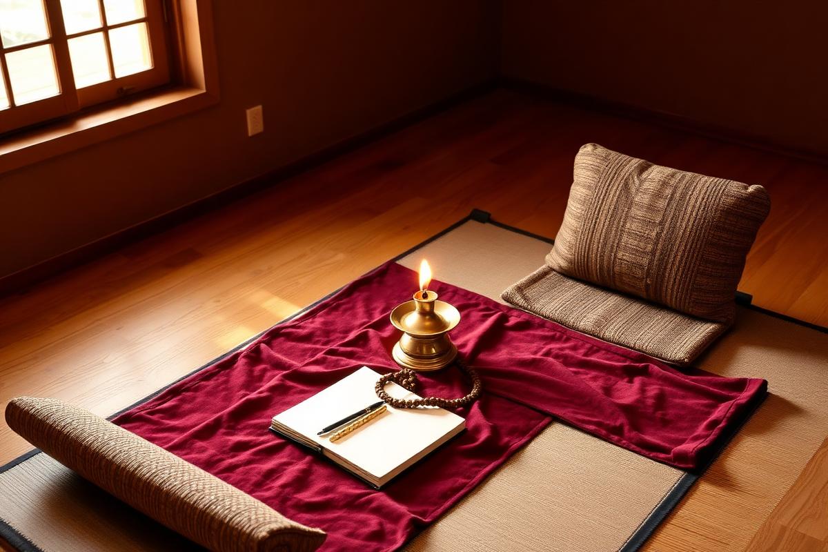 Quiet consultation space with a woven mat and brass lamp