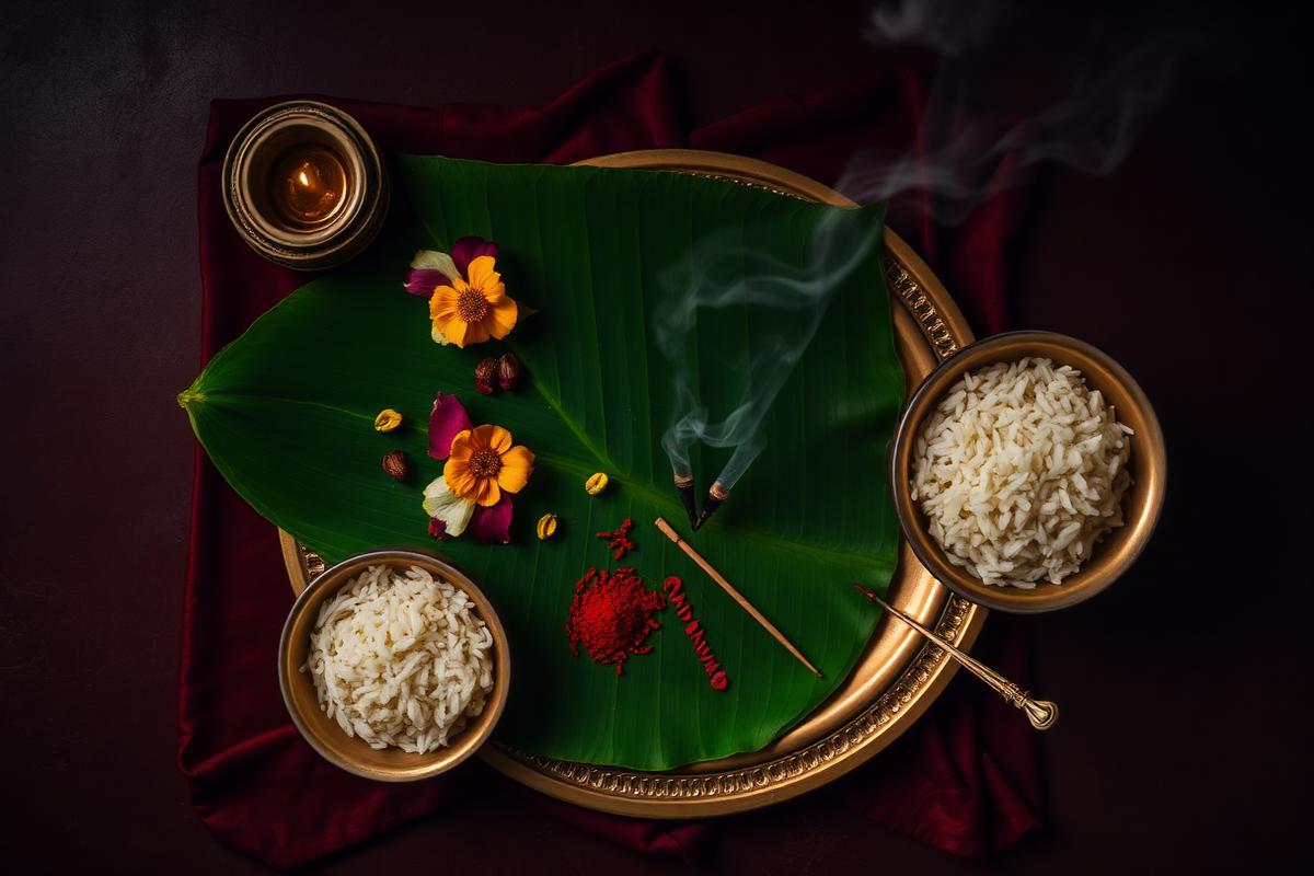 Traditional puja offerings arranged on a banana leaf
